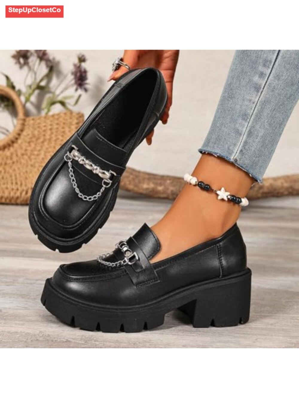 Women's Chain Chunky Heel Platform Loafers Lightweight Anti-Slip Lug Sole - Picture 5 of 6